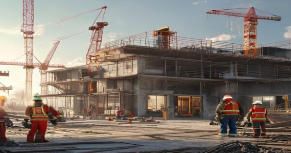 A modern fire station under construction with workers in safety gear, architectural plans visible, daytime scene with cranes and construction materials, realistic lighting and textures