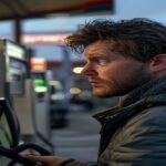 A photorealistic image of a worried freelance worker at a gas station, looking at fuel prices on a pump display with a concerned expression, urban setting at dusk, realistic lighting and textures