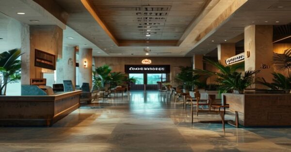 Photo of a deserted hotel lobby in Cancun during the COVID-19 pandemic, with closed reception desks, empty chairs, and a sign reading 'Cerrado por COVID-19' in Spanish, realistic style.