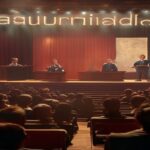 A photorealistic image of a crowded auditorium with a stage where two men (one resembling Carles Puyol, the other Jordan Peterson) are speaking at a podium. The audience is diverse, with some people c