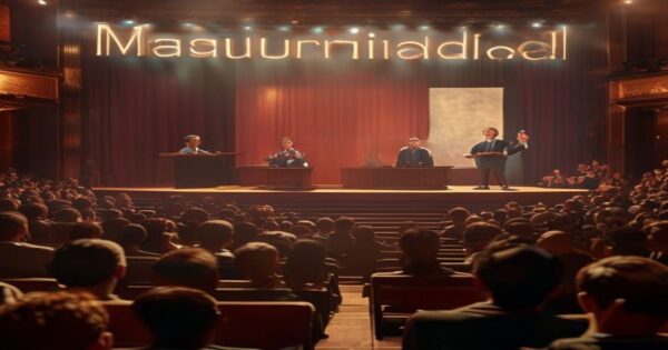 A photorealistic image of a crowded auditorium with a stage where two men (one resembling Carles Puyol, the other Jordan Peterson) are speaking at a podium. The audience is diverse, with some people c