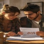 A young Spanish couple looking worried at a rental contract with the year 2026 highlighted, in a modest apartment with moving boxes around, photorealistic style, warm lighting, indoor setting.