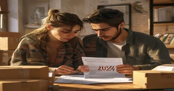 A young Spanish couple looking worried at a rental contract with the year 2026 highlighted, in a modest apartment with moving boxes around, photorealistic style, warm lighting, indoor setting.