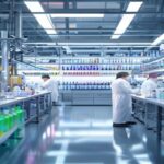 Photorealistic image of a modern laboratory in a cosmetics factory, with scientists in white coats testing skincare products. High-tech equipment, bright lighting, and rows of colorful bottles in the