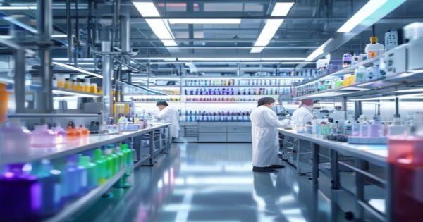 Photorealistic image of a modern laboratory in a cosmetics factory, with scientists in white coats testing skincare products. High-tech equipment, bright lighting, and rows of colorful bottles in the