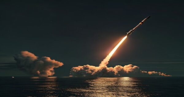 A photorealistic image of a North Korean missile launch at night, with a trail of fire and smoke against a dark sky, seen from a distance over the sea. The missile is mid-air, leaving a bright exhaust