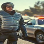 A photorealistic image of a motorcyclist wearing an inflated airbag vest, standing next to a police car on a highway, with a concerned expression. The scene is bright daylight, showing the details of
