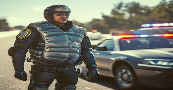 A photorealistic image of a motorcyclist wearing an inflated airbag vest, standing next to a police car on a highway, with a concerned expression. The scene is bright daylight, showing the details of