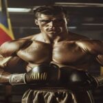 A realistic photo of a Basque boxer from the 1930s, muscular, with a serious expression, wearing boxing gloves and a vintage robe, standing in a dimly lit gym with Spanish and German flags in the back