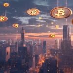 A photorealistic image of a futuristic city skyline at dusk, with digital dollar signs and cryptocurrency symbols floating in the air, representing the evolution of stablecoins in urban finance.