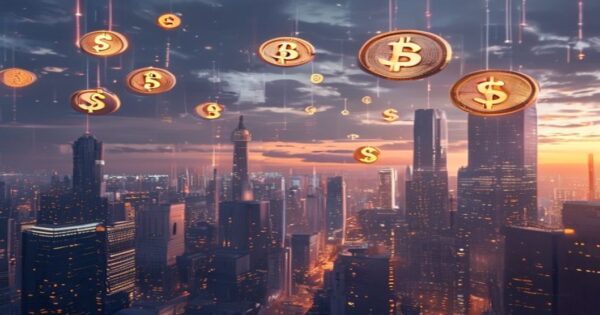 A photorealistic image of a futuristic city skyline at dusk, with digital dollar signs and cryptocurrency symbols floating in the air, representing the evolution of stablecoins in urban finance.