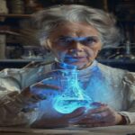 Photorealistic portrait of Marie Curie in her laboratory, with a focused expression, holding a glass flask containing a glowing blue radioactive substance. The room is filled with vintage scientific e