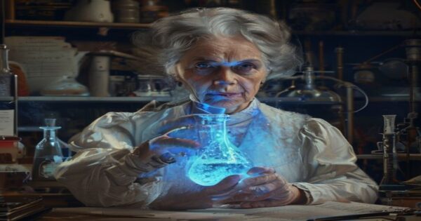 Photorealistic portrait of Marie Curie in her laboratory, with a focused expression, holding a glass flask containing a glowing blue radioactive substance. The room is filled with vintage scientific e