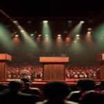 A photorealistic image of a political debate stage in Andalusia, with three podiums bearing the logos of PSOE, PP, and Vox. The audience is diverse, with some people holding Spanish flags. The lightin