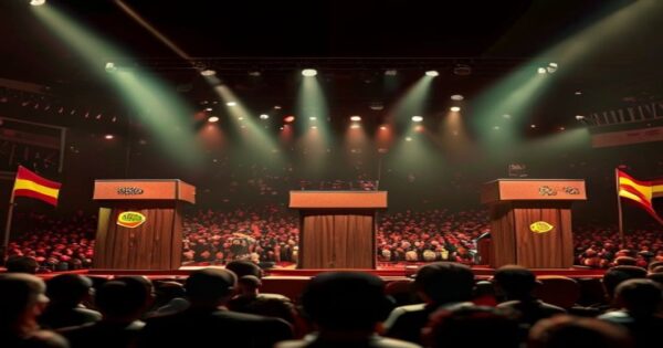 A photorealistic image of a political debate stage in Andalusia, with three podiums bearing the logos of PSOE, PP, and Vox. The audience is diverse, with some people holding Spanish flags. The lightin