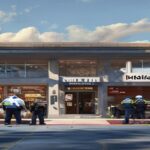 A photorealistic image of a Home Depot store exterior in Hialeah, Florida, with a subtle police presence and forensic investigators near the entrance, conveying a sense of investigation and fraud dete