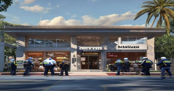 A photorealistic image of a Home Depot store exterior in Hialeah, Florida, with a subtle police presence and forensic investigators near the entrance, conveying a sense of investigation and fraud dete