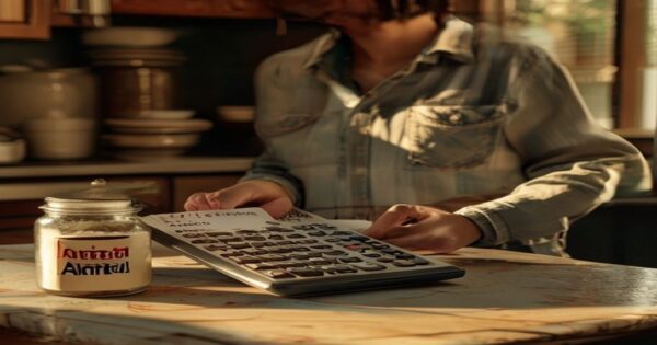 A realistic photo of a person in a modest kitchen in Córdoba, Argentina, holding a calculator and a shopping list, with a small jar labeled 'Ahorro' on the table, natural lighting, warm tones, no tex
