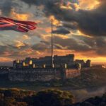 Photorealistic wide-angle view of Edinburgh Castle at sunset, with the Scottish flag waving prominently. The castle sits atop an extinct volcano, with the city of Edinburgh sprawling below. Dramatic c