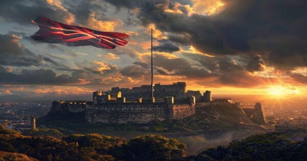 Photorealistic wide-angle view of Edinburgh Castle at sunset, with the Scottish flag waving prominently. The castle sits atop an extinct volcano, with the city of Edinburgh sprawling below. Dramatic c