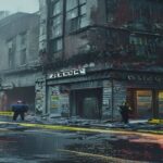 A photorealistic image of a damaged police station facade after a car bomb explosion in a rainy Derry street, with police tape and forensic investigators at work, Northern Ireland, moody atmosphere, n