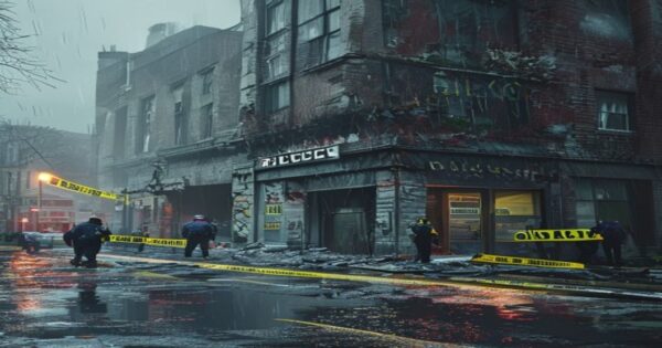 A photorealistic image of a damaged police station facade after a car bomb explosion in a rainy Derry street, with police tape and forensic investigators at work, Northern Ireland, moody atmosphere, n