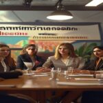 A diverse group of women and men in a conference room in La Paz, Mexico, with a banner reading 'Feminismo Humanista' and 'Liderazgo Político'. Photorealistic style, bright lighting, professional sett