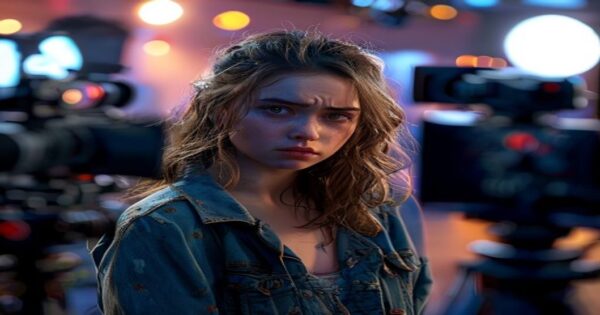 A photorealistic image of a young actress on a movie set, surrounded by cameras and lights, with a conflicted expression. The background shows a Hollywood studio with Disney-like elements, but the atm
