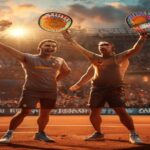 A photorealistic image of Marcelo Arévalo celebrating with his doubles partner Jean-Julien Rojer on a clay court in Madrid, with the Caja Mágica stadium in the background. Both players are raising t