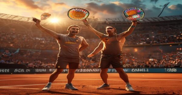 A photorealistic image of Marcelo Arévalo celebrating with his doubles partner Jean-Julien Rojer on a clay court in Madrid, with the Caja Mágica stadium in the background. Both players are raising t