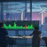 A photorealistic image of a diverse group of investors in a modern office, looking at a large screen displaying a chart of energy ETF performance with green and red candlesticks. The background shows