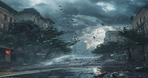 Alerta naranja por vientos: ¿hasta cuándo y cómo prepararse? 2 A photorealistic image of a stormy coastal city street with strong winds bending trees, debris flying, and dark clouds overhead, no text or logos.