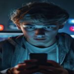 A photorealistic image of a young man looking at his smartphone with a worried expression, standing in front of a computer screen displaying stock charts and social media icons like Instagram and TikT