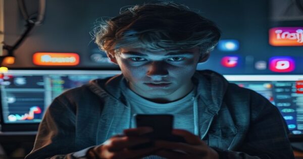 A photorealistic image of a young man looking at his smartphone with a worried expression, standing in front of a computer screen displaying stock charts and social media icons like Instagram and TikT