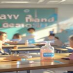 A photorealistic image of a school classroom with children playing, focusing on a sign that says 'Lavado de manos' (hand washing) and a bottle of hand sanitizer on a desk. Bright, clean, and hygienic