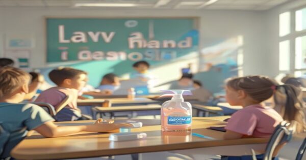 A photorealistic image of a school classroom with children playing, focusing on a sign that says 'Lavado de manos' (hand washing) and a bottle of hand sanitizer on a desk. Bright, clean, and hygienic