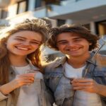 A young couple smiling while holding keys in front of a modern apartment building, natural daylight, photorealistic, high quality, no text