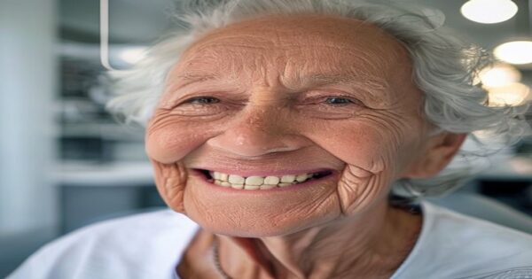 A realistic photo of an elderly Spanish person smiling, showing natural-looking dental implants, in a modern dental clinic with soft lighting.