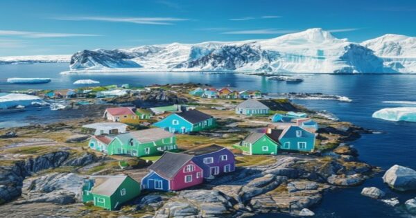 Aerial view of a small Greenlandic settlement with colorful houses on a rocky coast, surrounded by icebergs and a glacier in the background, under a clear blue sky, photorealistic style.
