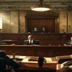 A courtroom scene in the Dominican Republic, with lawyers presenting arguments, a judge at the bench, and the defendants Antonio and Maribel Espaillat seated. Photorealistic, natural lighting, serious