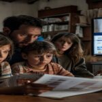 A realistic photo of a family in a modest Argentine home looking at an electricity bill with a worried expression, with a computer screen showing the government subsidy registration website in the bac
