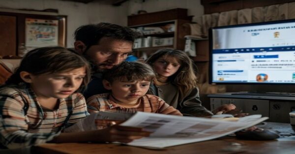 A realistic photo of a family in a modest Argentine home looking at an electricity bill with a worried expression, with a computer screen showing the government subsidy registration website in the bac