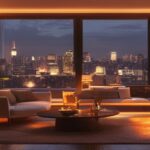 A modern living room with cozy furniture, warm lighting, and a window overlooking a city skyline, no text or logos.