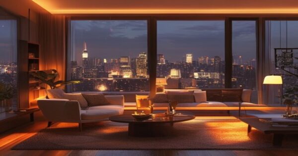 A modern living room with cozy furniture, warm lighting, and a window overlooking a city skyline, no text or logos.
