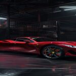 A photorealistic image of a luxury car, a red Ferrari, parked in a dimly lit warehouse, with confiscated tiger cages in the background, forensic lights illuminating the scene, high detail, no text or