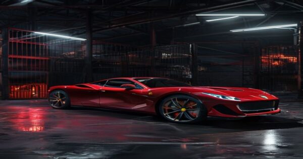 A photorealistic image of a luxury car, a red Ferrari, parked in a dimly lit warehouse, with confiscated tiger cages in the background, forensic lights illuminating the scene, high detail, no text or