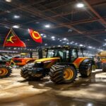 A photorealistic wide shot of Agrishow 2026 exhibition hall in Brazil, with Chinese tractors and harvesters on display, Chinese and Brazilian flags hanging, farmers examining equipment, bright lightin
