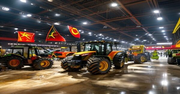A photorealistic wide shot of Agrishow 2026 exhibition hall in Brazil, with Chinese tractors and harvesters on display, Chinese and Brazilian flags hanging, farmers examining equipment, bright lightin