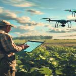 A photorealistic image of a farmer in a rural field using a tablet to monitor crop data, with a drone flying in the background, under a bright blue sky with soft clouds.