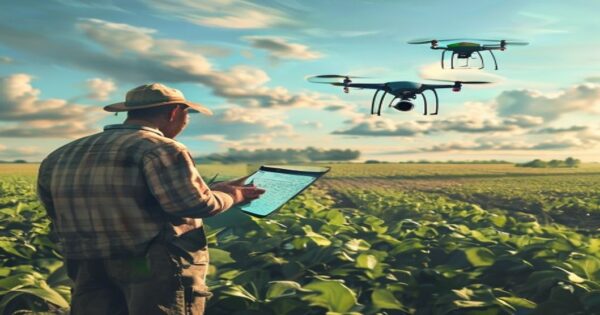 A photorealistic image of a farmer in a rural field using a tablet to monitor crop data, with a drone flying in the background, under a bright blue sky with soft clouds.